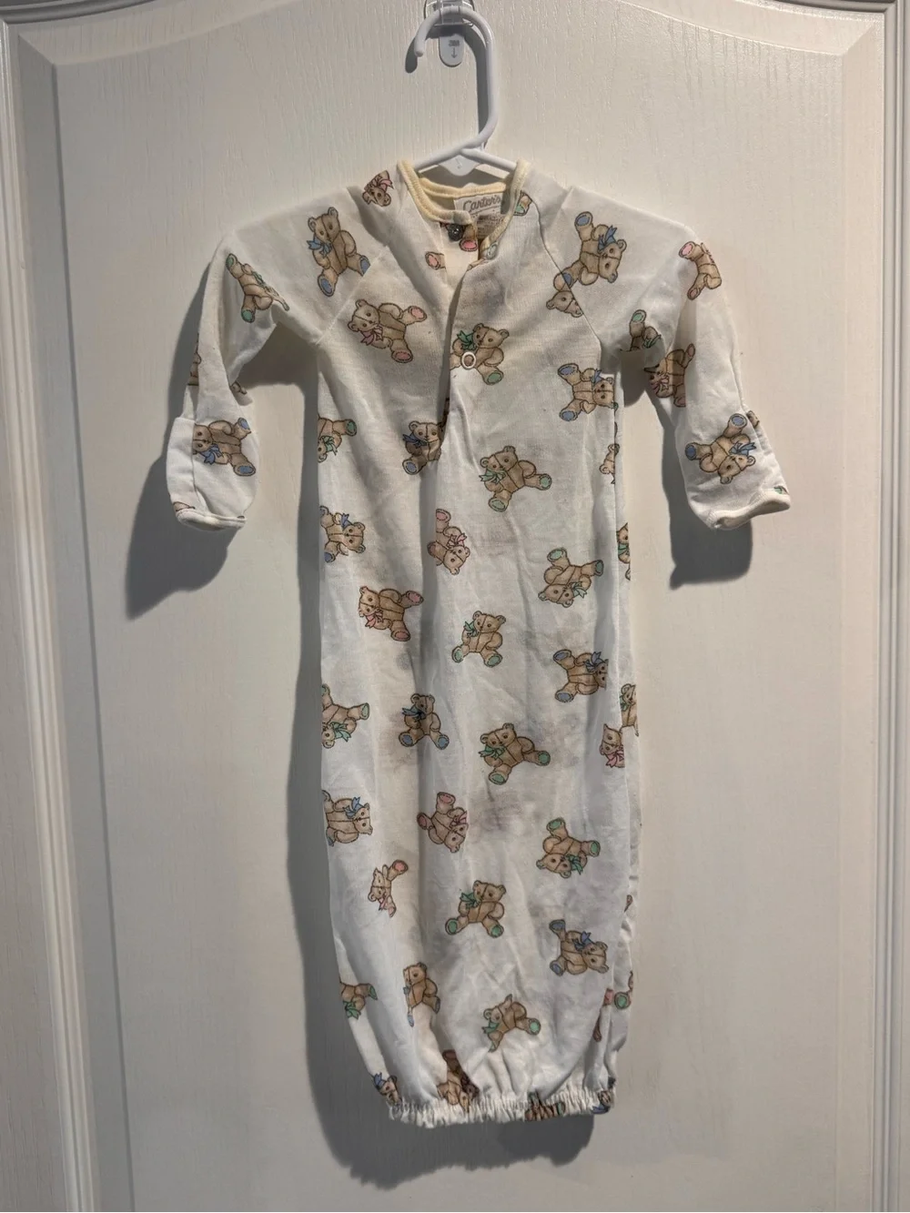 Vintage Carter's Cream Baby Gown with Teddy Bear Print